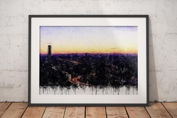 Cuadro moderno Amanece en Sevilla con panorámica urbana al amanecer, horizonte luminoso y líneas de luz sobre la ciudad de Sevilla, cuadros modernos Sevilla, Arte en Sevilla