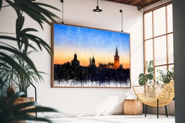 Cuadro moderno de Sevilla con la Giralda y la arquitectura histórica al atardecer sobre un cielo cálido y luminoso. Arte en Sevilla
