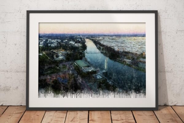 Cuadro moderno de Sevilla con vista aérea de la Expo al atardecer, el río Guadalquivir en el centro y la ciudad extendiéndose hacia el horizonte