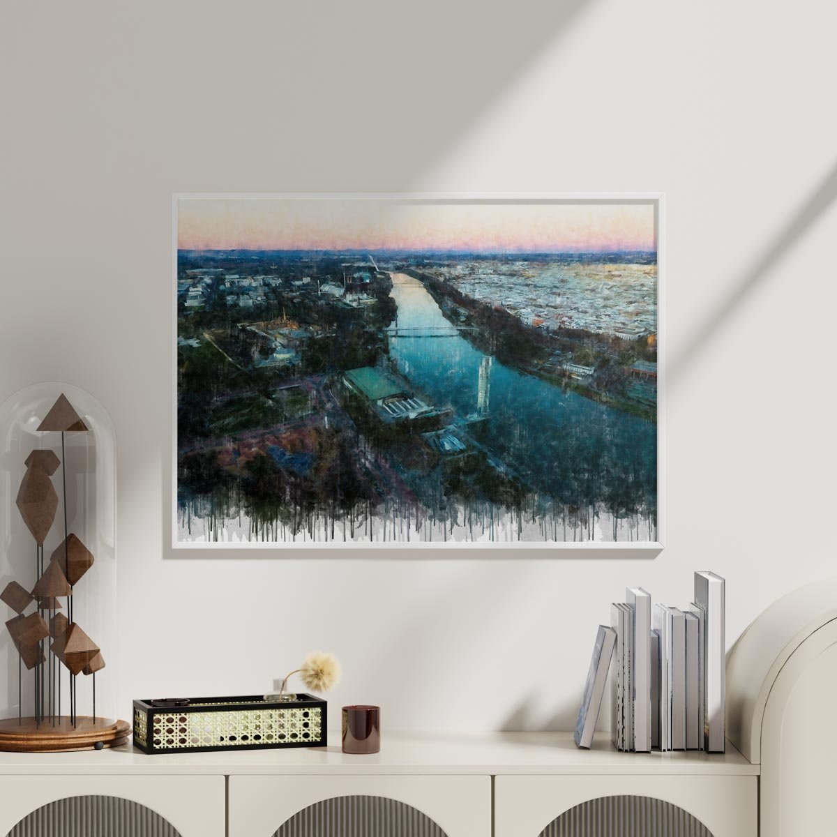 Cuadro moderno de Sevilla con vista aérea de la Expo al atardecer, el río Guadalquivir en el centro y la ciudad extendiéndose hacia el horizonte