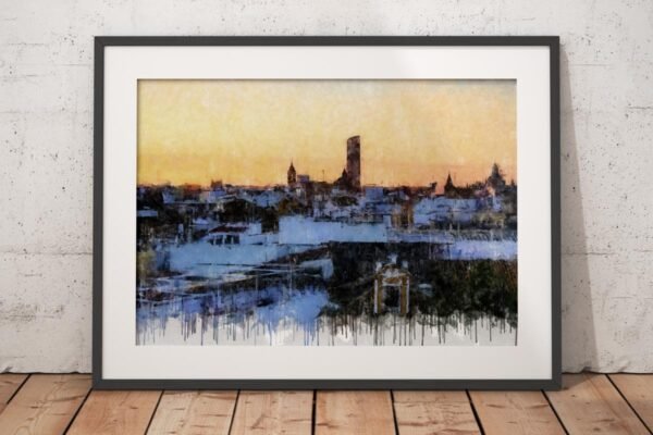 Cuadro moderno de Sevilla con azoteas al atardecer, cielo cálido y perfil urbano recortado en el horizonte