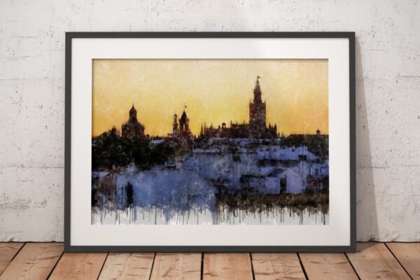 Cuadro moderno de Sevilla con azoteas blancas en primer plano y la Giralda al fondo sobre un cielo cálido de atardecer. Arte en Sevilla