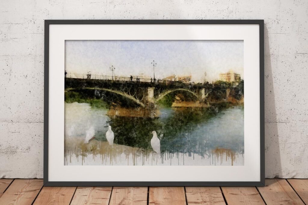 Cuadro moderno de Sevilla visto desde Triana con puente sobre el río, reflejos en el agua y una atmósfera suave y luminosa. Arte en Sevilla