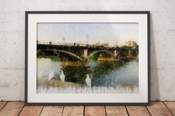 Cuadro moderno de Sevilla visto desde Triana con puente sobre el río, reflejos en el agua y una atmósfera suave y luminosa. Arte en Sevilla