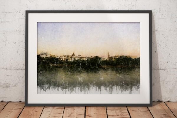 Cuadro moderno de Sevilla visto desde la calle Betis, con el río en primer plano y el perfil urbano al fondo en una atmósfera suave. Arte en Sevilla