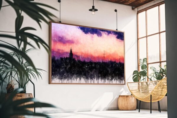 Cuadro moderno de Sevilla con horizonte urbano oscuro, la Giralda al fondo y un cielo rosado y violeta lleno de atmósfera. Arte en Sevilla