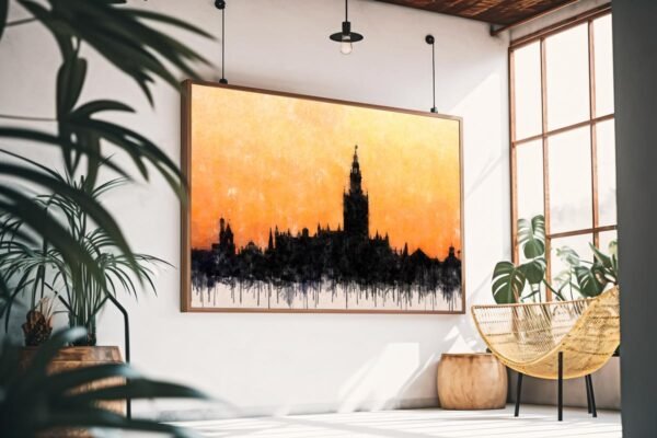 Cuadro moderno de Sevilla con la silueta de la Giralda y el perfil monumental de la ciudad recortados sobre un cielo anaranjado. Arte en Sevilla