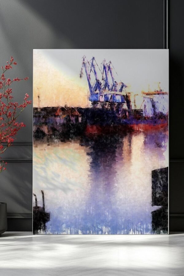 Cuadro moderno de Sevilla con grúas del puerto reflejadas en el agua y una atmósfera suave de luz y calma. Arte en Sevilla