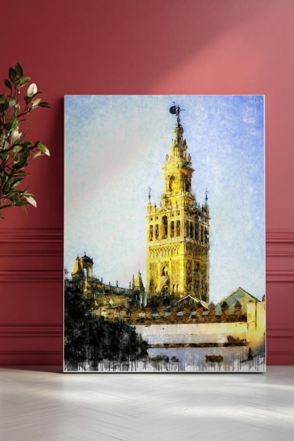 Cuadro moderno de Sevilla con la Giralda iluminada en tonos dorados sobre un cielo azul. Arte en Sevilla