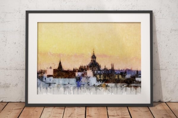 Cuadro moderno de Sevilla con azoteas y cúpulas del perfil urbano iluminadas por la luz dorada del atardecer. Arte en Sevilla