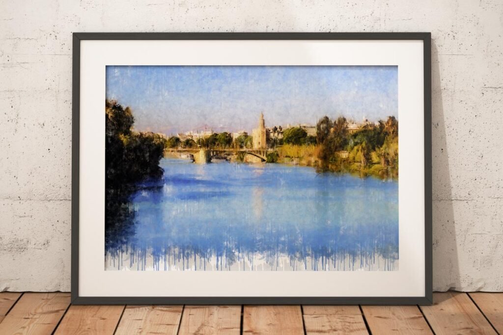 Cuadro moderno de Sevilla con el Puente de San Telmo y la Torre del Oro junto al río Guadalquivir. Arte en Sevilla