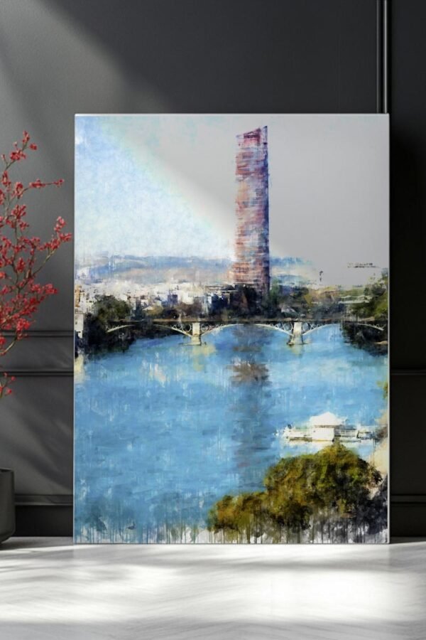 Cuadro moderno de Sevilla con el Puente de Triana y la Torre Pelli sobre el río Guadalquivir. Arte en Sevilla