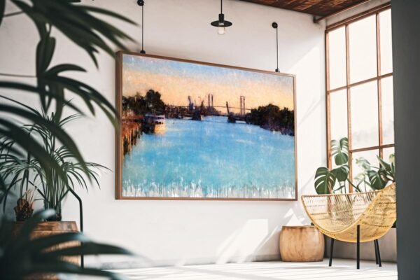 Cuadro moderno de Sevilla con el río Guadalquivir y los puentes de las Delicias y del V Centenario al fondo. Arte en Sevilla