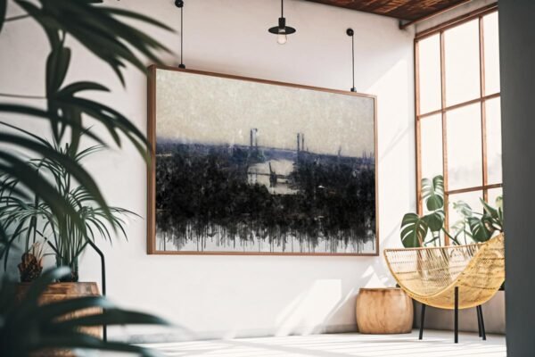 Cuadro moderno de Sevilla con una vista panorámica del río Guadalquivir y varios puentes en el horizonte. Arte en Sevilla