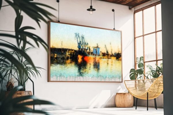 Cuadro moderno de Sevilla con grúas del puerto y reflejos de luz sobre el río Guadalquivir. Arte en Sevilla