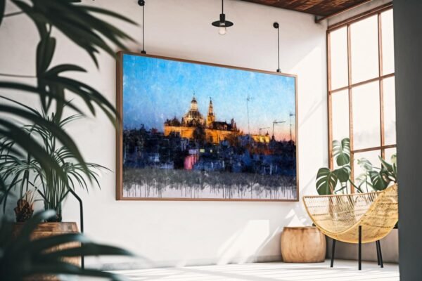 Cuadro moderno de Sevilla con la cúpula del Salvador y la Giralda sobre las azoteas del casco histórico. Arte en Sevilla