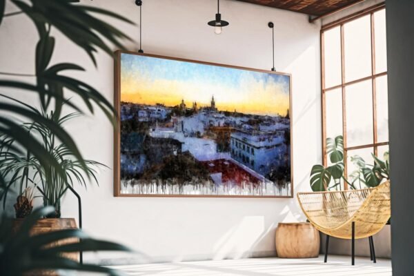 Cuadro moderno de Sevilla con azoteas del barrio de San Bartolomé y la Giralda al fondo. Arte en Sevilla