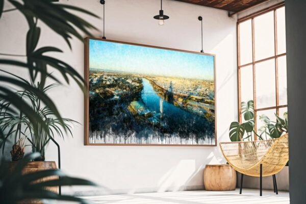 Cuadro moderno de Sevilla con vista aérea del río Guadalquivir y la ciudad hacia el norte. Arte en Sevilla