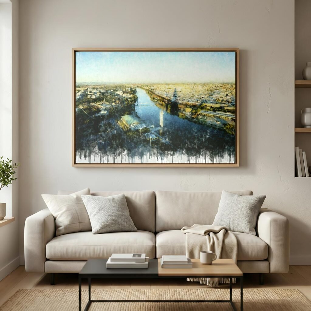 Cuadro moderno de Sevilla con vista aérea del río Guadalquivir y la ciudad hacia el norte. Arte en Sevilla