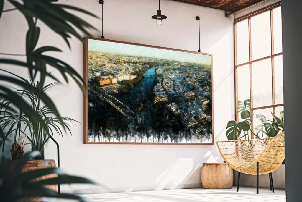 Cuadro moderno de Sevilla con una vista aérea del río Guadalquivir y la ciudad desde la Torre Pelli. Arte en Sevilla