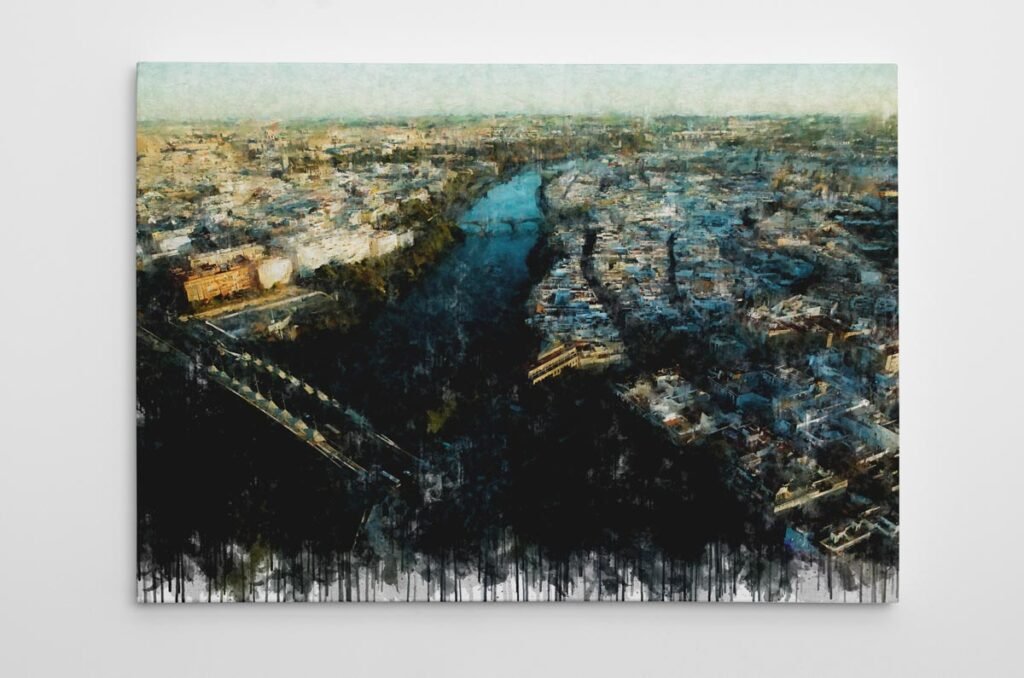 Cuadro moderno de Sevilla con una vista aérea del río Guadalquivir y la ciudad desde la Torre Pelli. Arte en Sevilla