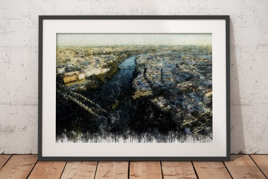 Cuadro moderno de Sevilla con una vista aérea del río Guadalquivir y la ciudad desde la Torre Pelli. Arte en Sevilla