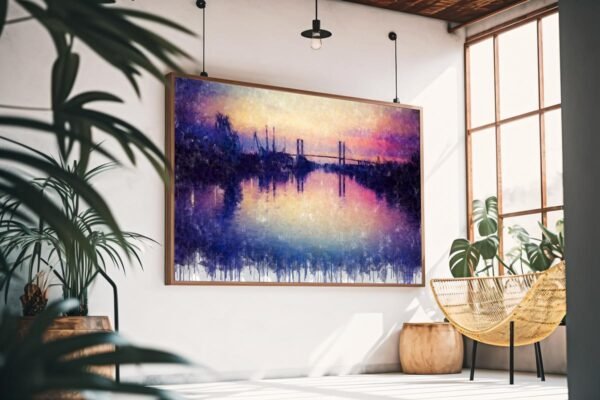 Cuadro moderno de Sevilla con el río Guadalquivir y puentes reflejados en un cielo violeta al atardecer. Arte en Sevilla