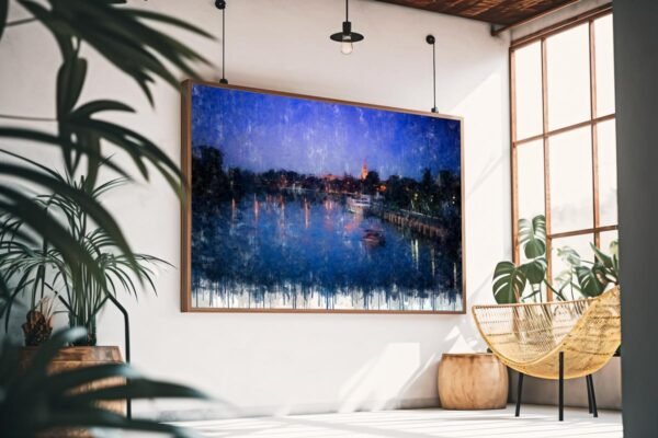 Cuadro moderno de Sevilla con el río Guadalquivir de noche y la Torre del Oro iluminada al fondo. Arte en Sevilla