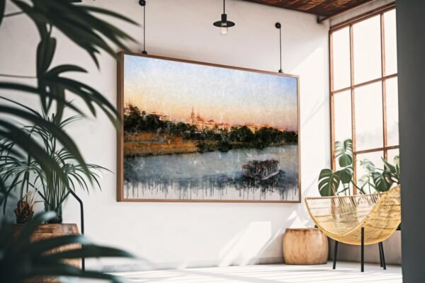 Cuadro moderno de Sevilla con el río Guadalquivir y una embarcación navegando frente a la ciudad. Arte en Sevilla