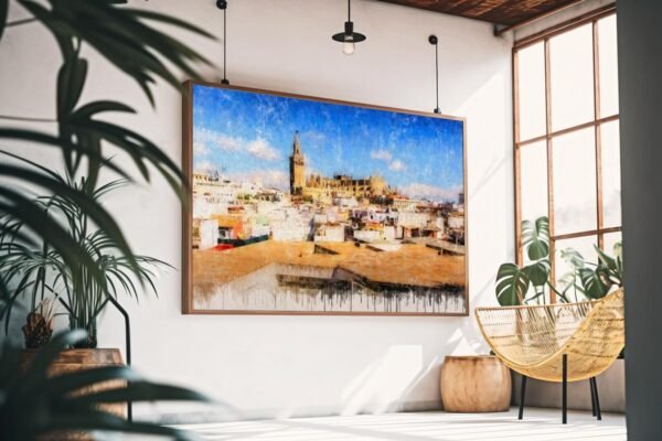 Cuadro moderno de Sevilla con azoteas del casco histórico y la Giralda junto a la Catedral al fondo. Arte en Sevilla