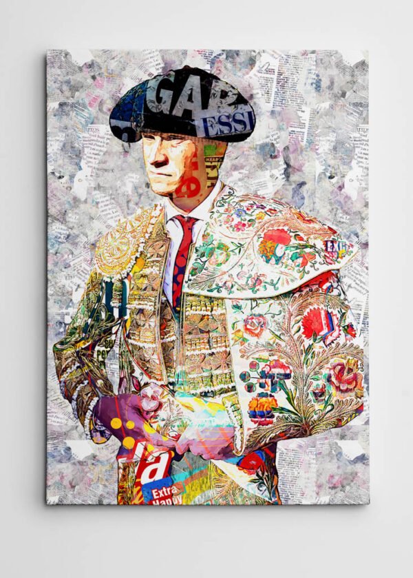 Cuadro moderno del torero Daniel Luque con traje de luces en composición artística contemporánea, cuadros modernos de toreros, arte en sevilla