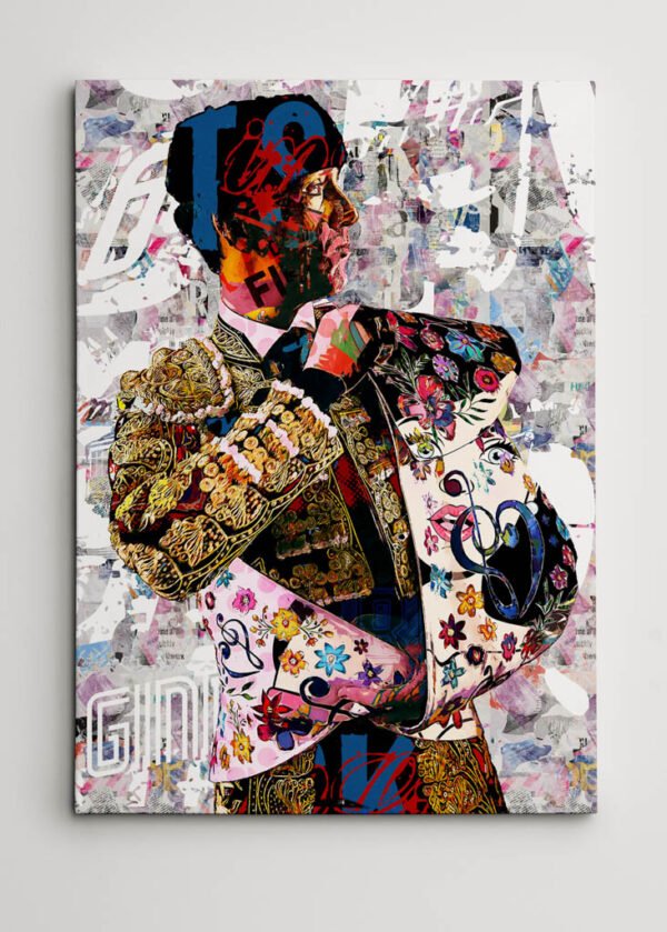 Cuadro moderno del torero Esaú Fernández con traje de luces en composición artística contemporánea, cuadros modernos de toreros, arte en sevilla