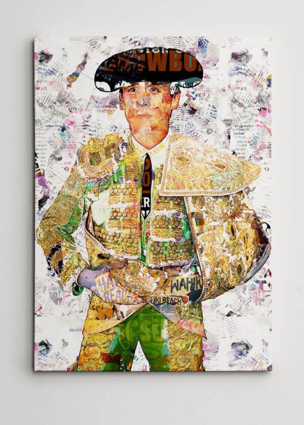 Cuadro moderno del torero Juan Ortega con traje de luces en composición artística contemporánea, cuadros modernos de toreros, arte en sevilla