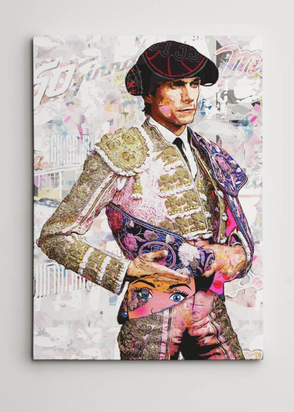 Cuadro moderno del torero Sebastian Castella con traje de luces en composición artística contemporánea, cuadros modernos de toreros, arte en sevilla